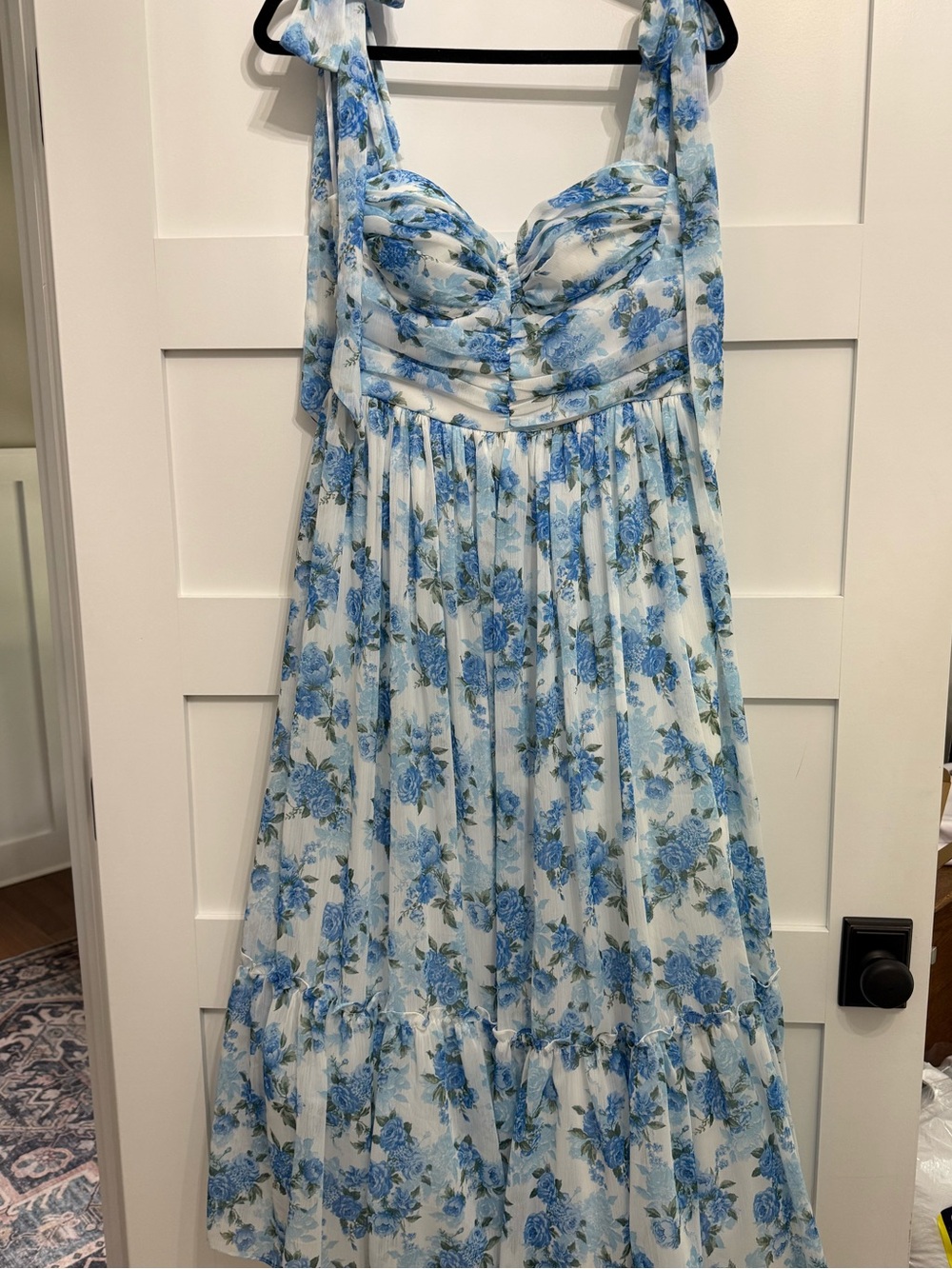 B Darlin White and Blue Floral Midi Dress with Tie Shoulders